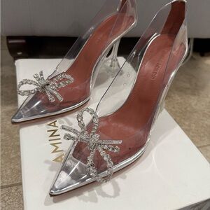 Amina Muaddi Transparent Silver Heels with Crystal Bow